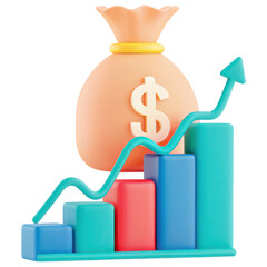 Poster - Investment clipart, money bag on top of colorful growth bar chart symbolizes financial success and progress