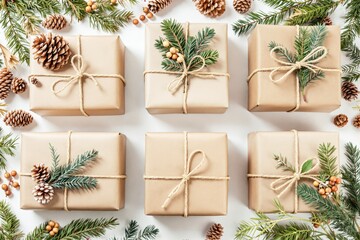 Aufkleber - Festive gift boxes with natural decoration on a white background.
