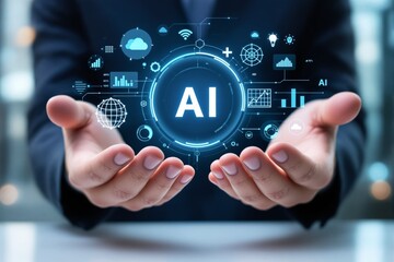 Poster - Hands holding AI concept with digital icons on dark background.