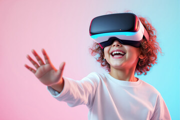 Poster - Joyful child wearing VR headset exploring virtual reality on vibrant gradient background.