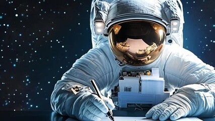 Poster - Astronaut writing in space with a pen on a surface under a starry background