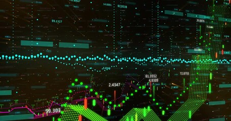Poster - Graphs and numbers animating financial data visualization on digital grid background