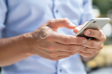 Poster - Person using smartphone with light blue shirt background.