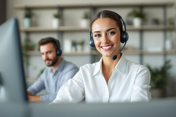 Aufkleber - Call center agents working at their desks with headsets.