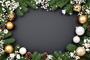 Aufkleber - Christmas-themed decoration with pine branches, ornaments, and flowers on a dark background.