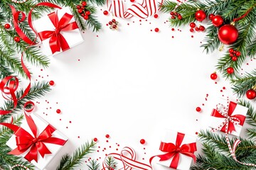 Aufkleber - Christmas gifts with red ribbons and pine branches on white background.