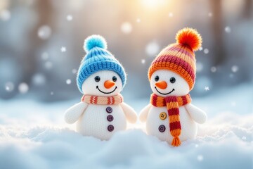 Poster - Two knitted snowmen with colorful hats and scarves in winter snow.