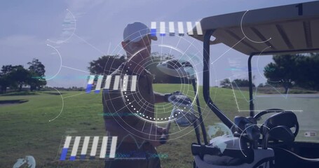 Poster - On golf course, golfer preparing clubs with digital animation overlay