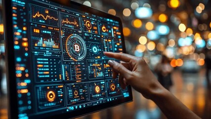 Poster - Analyzing cryptocurrency data on a digital screen in a modern urban environment at night