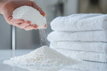Aufkleber - Hand pouring laundry detergent powder on a surface next to a neat stack of white laundry in bright and soft lighting Generative AI