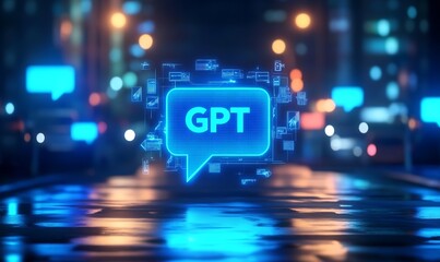Poster - A blue chat GPT hologram hud on a blurry wide background with a mockup location. AI, online support and customer service concept. 3D rendering. ,