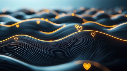 Poster - Flowing Blue Waves with Glowing Hearts in a Dreamy Background
