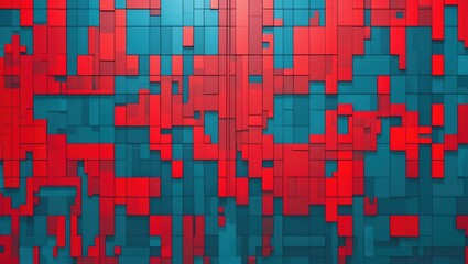 Poster - Abstract composition of red and blue geometric shapes creating a textured pattern on a modern backdrop