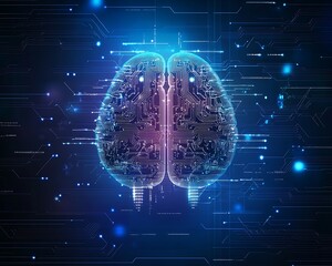 Poster - Futuristic design of an Artificial Intelligence brain with futuristic hud elements. Abstract glowing colorful digital brain with circuit background. AI and technology concept.,

