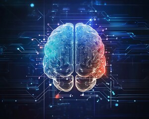 Poster - Futuristic design of an Artificial Intelligence brain with futuristic hud elements. Abstract glowing colorful digital brain with circuit background. AI and technology concept.,

