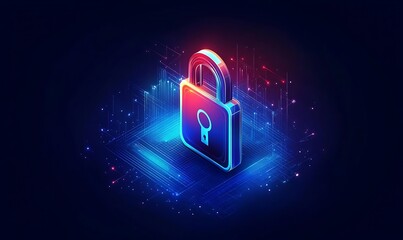 Poster - Web Protect or security symbol. Cyber Security Icon. Abstract closed lock with key. Isometric vector image on dark background. ,

