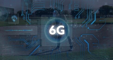 Poster - 6G technology concept with digital circuit animation over person playing baseball