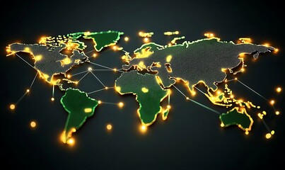 Poster - of a glowing digital network of interconnected nodes displayed on a green eco friendly world map Representing the global connectivity communication ,

