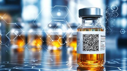 Poster - highly detailed view of a vaccine vial with qr code surrounded by other vials in a modern laboratory