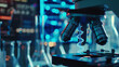 © Ghulam Siddique - Close up of a researcher analyzing biological data under a microscope, surrounded by futuristic medical technology.