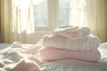 Fototapete - Freshly washed towels and bed linens create a cozy atmosphere in a soft lit bedroom Generative AI