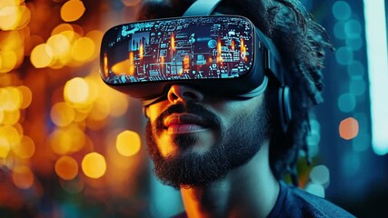 Poster - A person experiences virtual reality in a colorful, illuminated environment at night