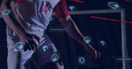 Poster - Playing soccer, athlete surrounded by animation and digital technology overlay
