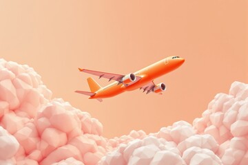 Aufkleber - Bright orange airplane flying above stylized geometric clouds in soft pastel tones.