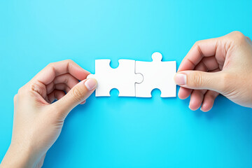 Poster - Hands holding two puzzle pieces fitting together on blue background.