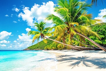 Aufkleber - Tropical beach with palm trees under a bright blue sky and white clouds.