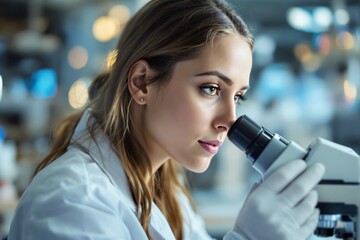 Poster - Scientist examining through a microscope in a laboratory setting, defocused light background creates a focused and professional atmosphere.