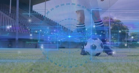 Poster - Soccer player on field with digital data processing animation overlay