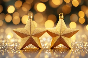 Poster - Golden star ornaments with glitter texture on sparkling festive background.