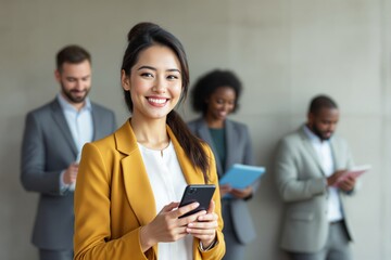 Aufkleber - Businesswoman using smartphone in office setting.