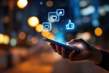 Poster - Smartphone in hand with glowing social media icons on blurred city lights background.
