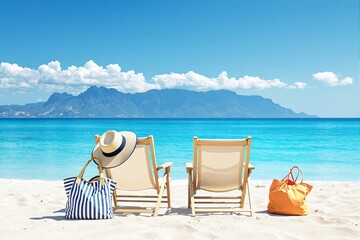Aufkleber - Two beach chairs with bags and a hat on a sandy shore with turquoise water and mountains in the background.