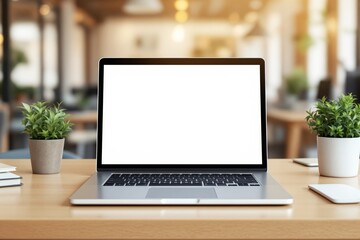 Poster - Blank laptop screen mockup with plants and office background.