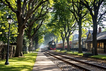 Poster - Scenic view of old-time train station with vibrant greenery and sunlight.