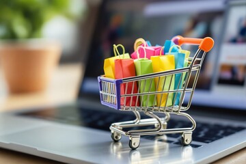 Poster - Mini shopping cart filled with colorful paper bags placed on a laptop keyboard. Concept of online shopping and e-commerce.