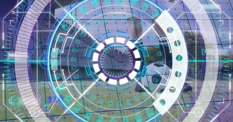 Poster - Animation overlaying futuristic digital interface on soccer ball on grass field