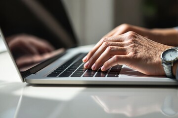 Poster - Hands typing on laptop keyboard with watch.