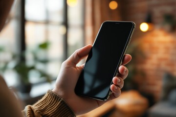 Poster - Person holding smartphone in cozy indoor setting.