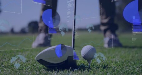 Poster - Golf club and ball on grass with data processing animation overlay
