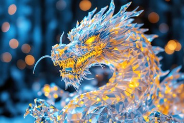 Poster - Geometric dragon sculpture with glowing eyes.