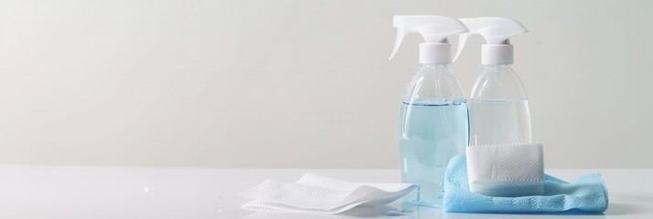 Poster - Disinfectant bottles with wipes on a clean background highlighting cleanliness and safety for medical and office environments Generative AI