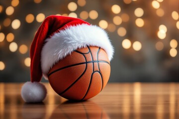 Poster - Basketball with Santa hat on wooden surface.