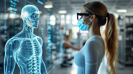 Poster - Woman in glasses analyzes holographic anatomical diagram in a modern medical facility