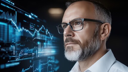 Poster - Focused finance expert studies market trends displayed on digital screens, illuminated by soft lighting to enhance detail and clarity