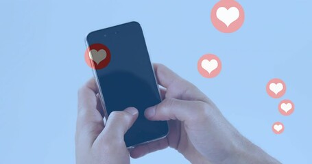 Poster - Holding smartphone with animation of floating heart icons on blue background