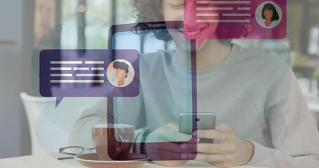 Poster - Using smartphone, person with social media chat bubbles and animation overlay